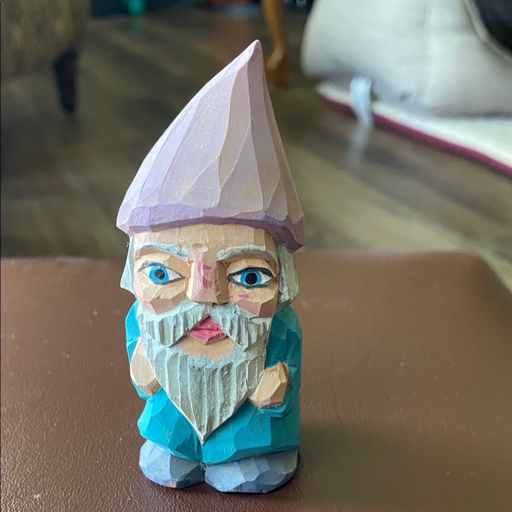 Handcrafted Wooden Gnome Figurine - Blue and Purple